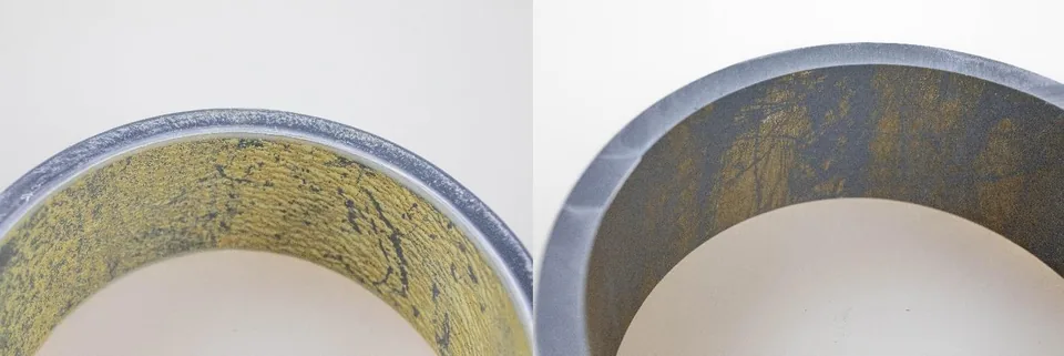 Röryta med biofilm före och efter tre månaders drift med PipeJet