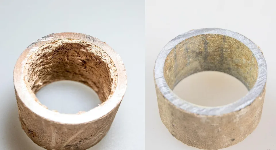 Röryta med kalkbeläggning före och efter tre månaders drift med PipeJet